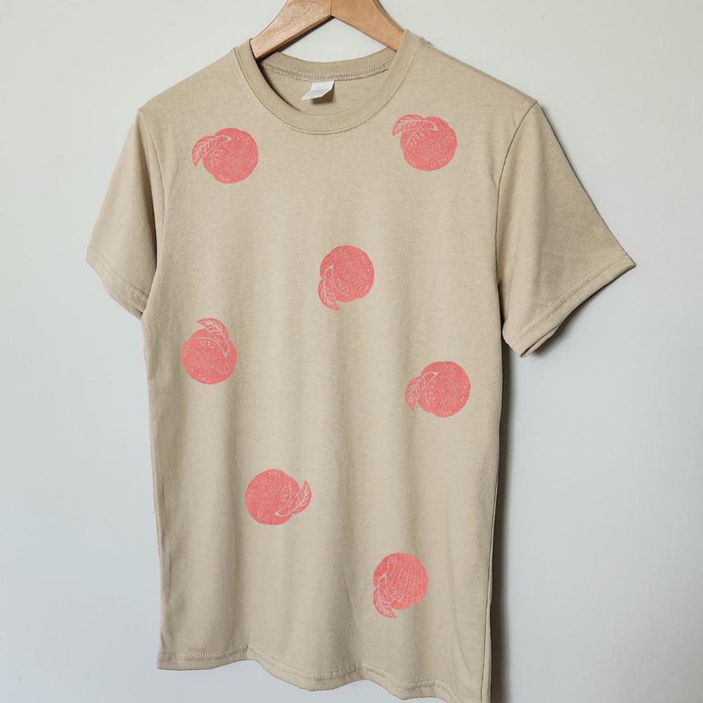Vintage peach t-shirt, all-over peaches hand printed unisex tee, unique block print pink fruit tshirt, summer shirt, ethical fashion