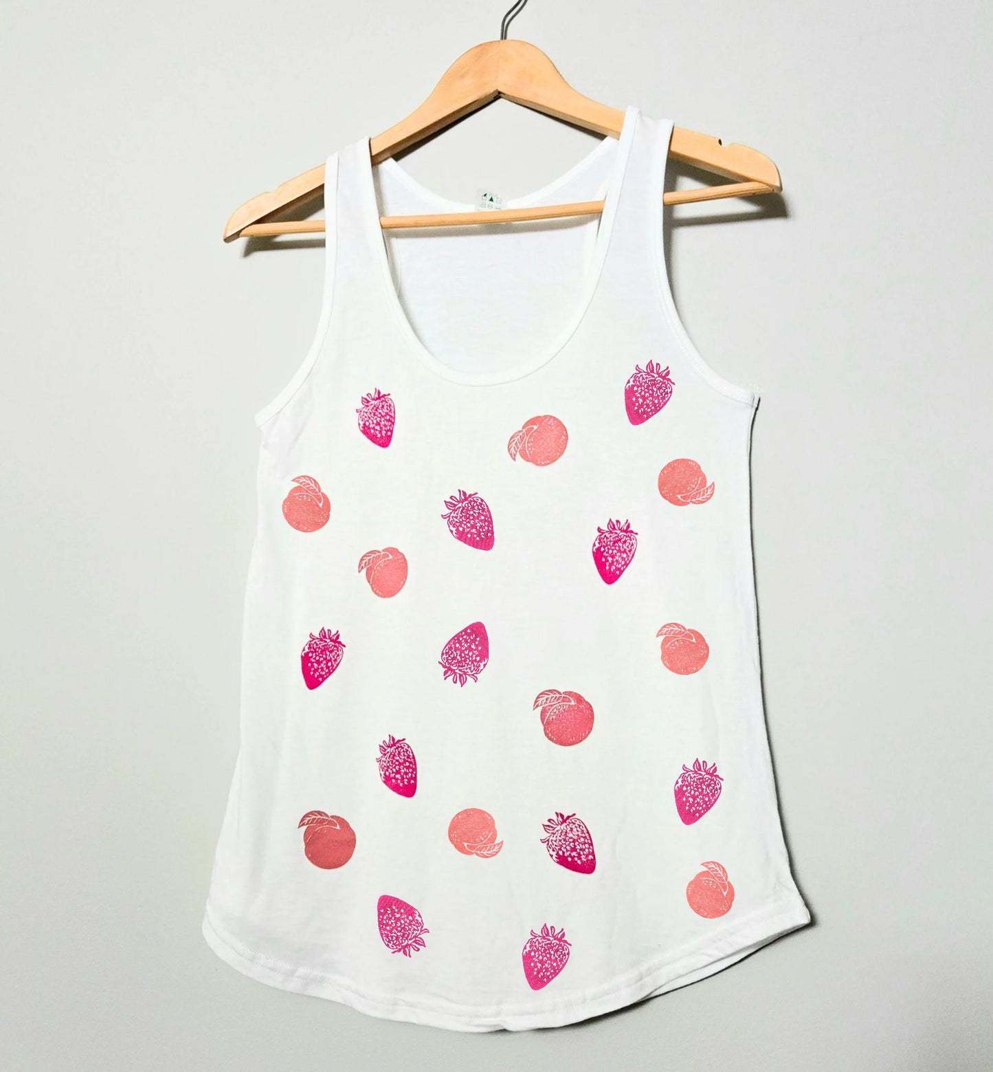Strawberry and peach tank top, ladies racerback bamboo tank, hand print linocut design, organic cotton top, soft summer ethical fashion