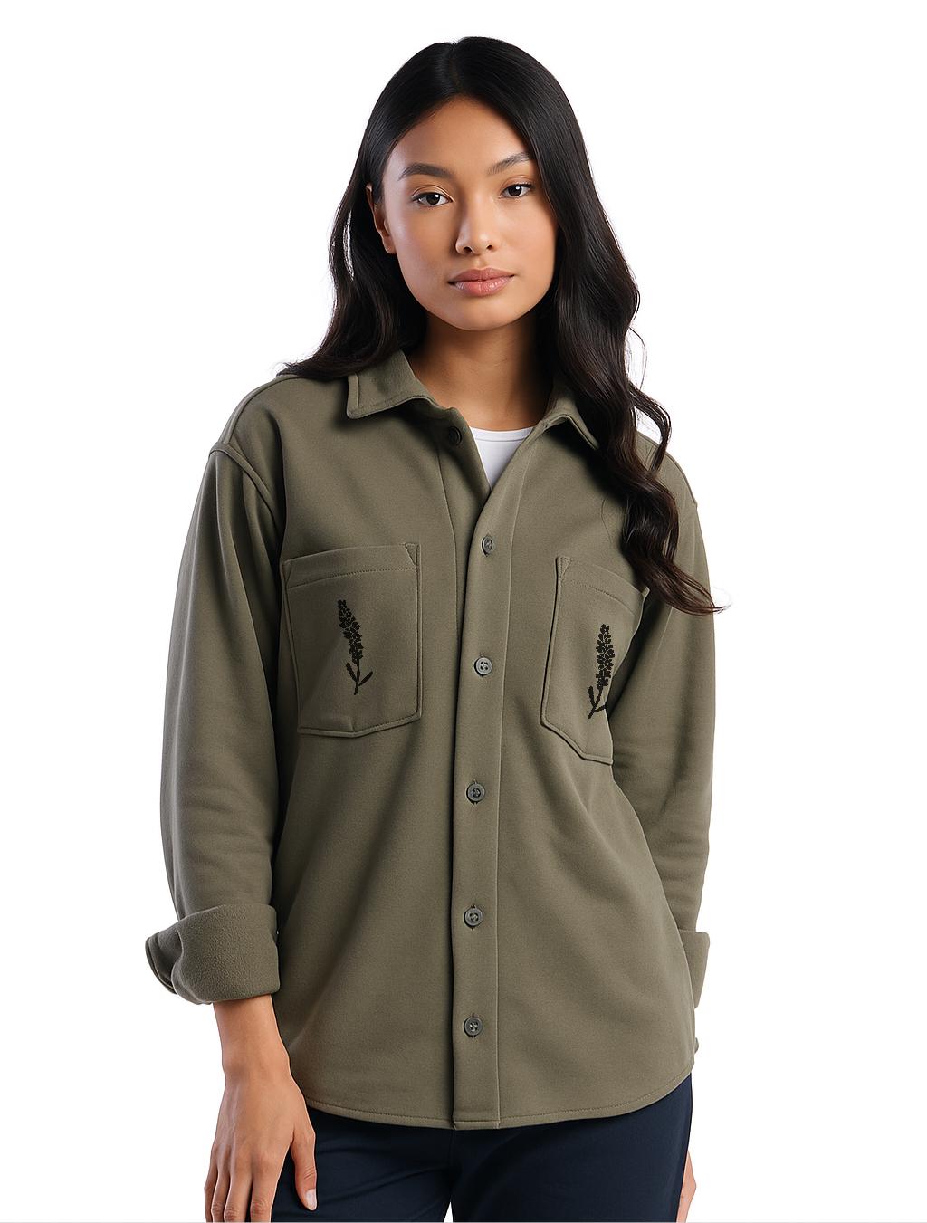 Organic fleece overshirt, fall shacket, unisex sage shirt jacket, button closure and block print pocket design, ethical fall fashion