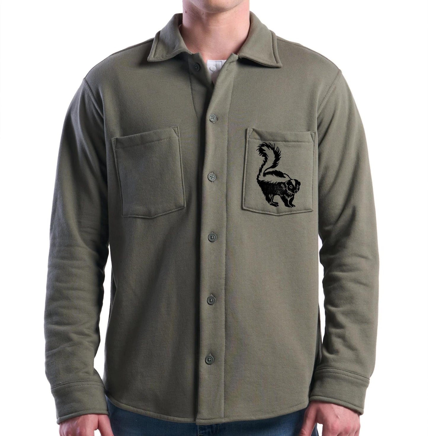 Organic fleece overshirt, fall shacket, unisex sage shirt jacket, button closure and block print pocket design, ethical fall fashion