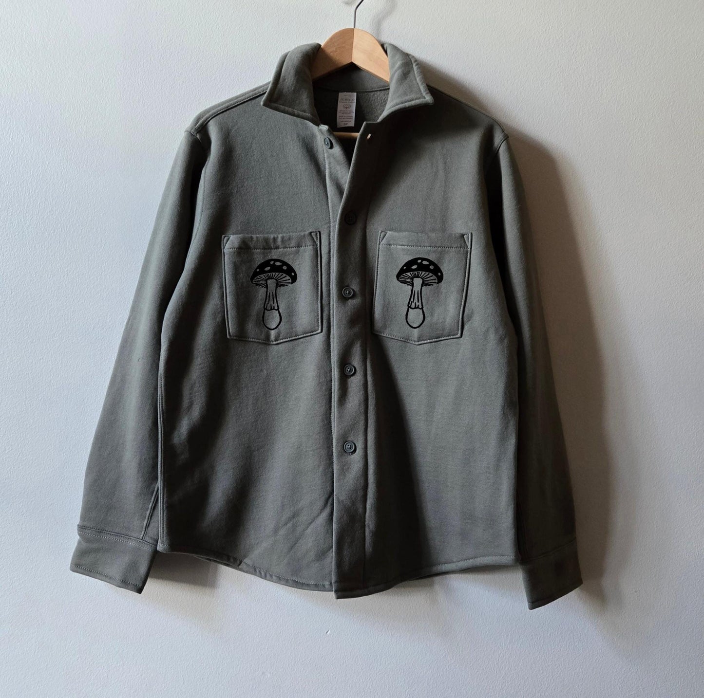 Organic fleece overshirt, fall shacket, unisex sage shirt jacket, button closure and block print pocket design, ethical fall fashion