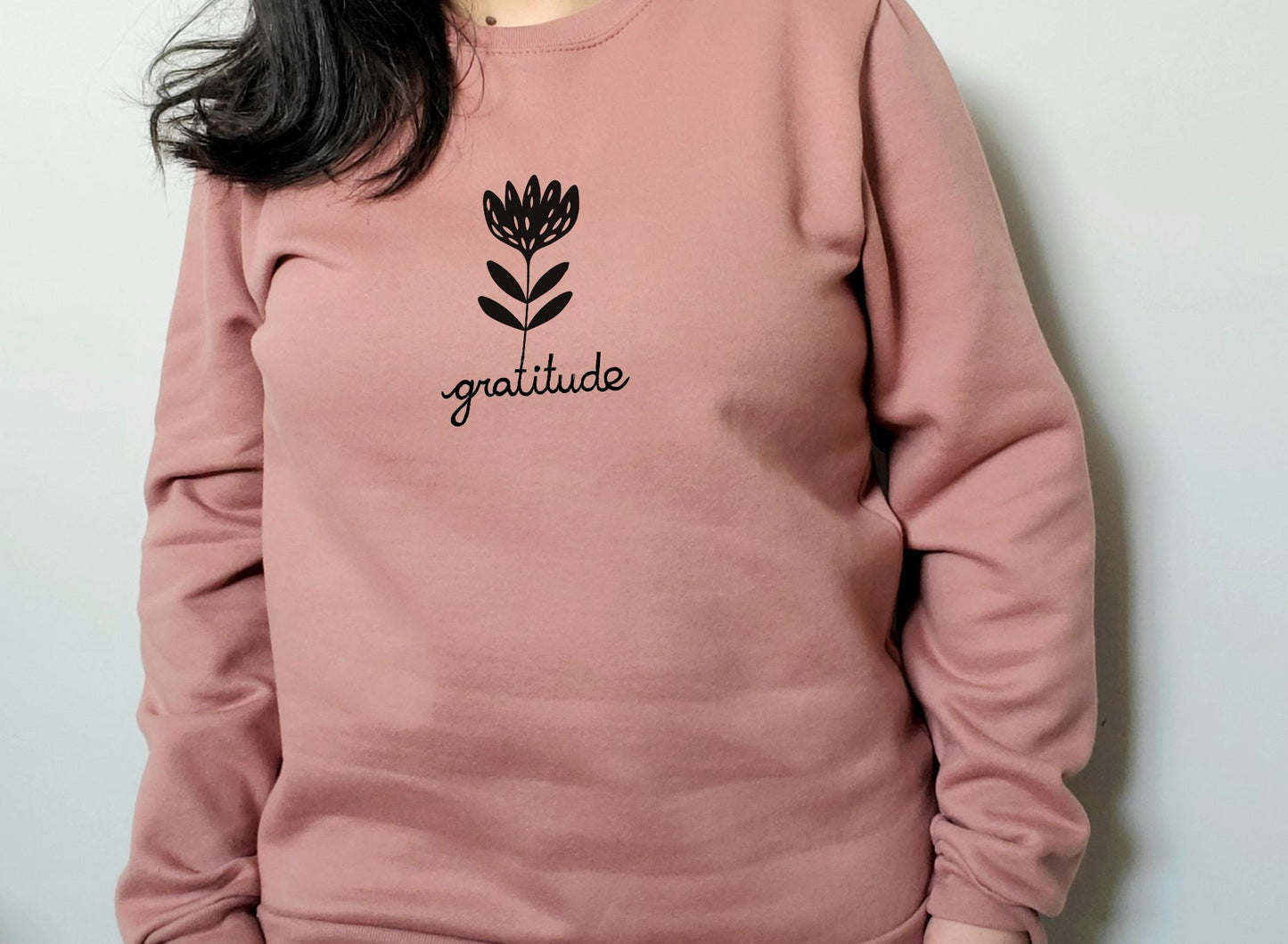 Gratitude sweatshirt, unisex hand printed flower crewneck, block printed floral illustration, soft fleece jumper, fall ethical clothing