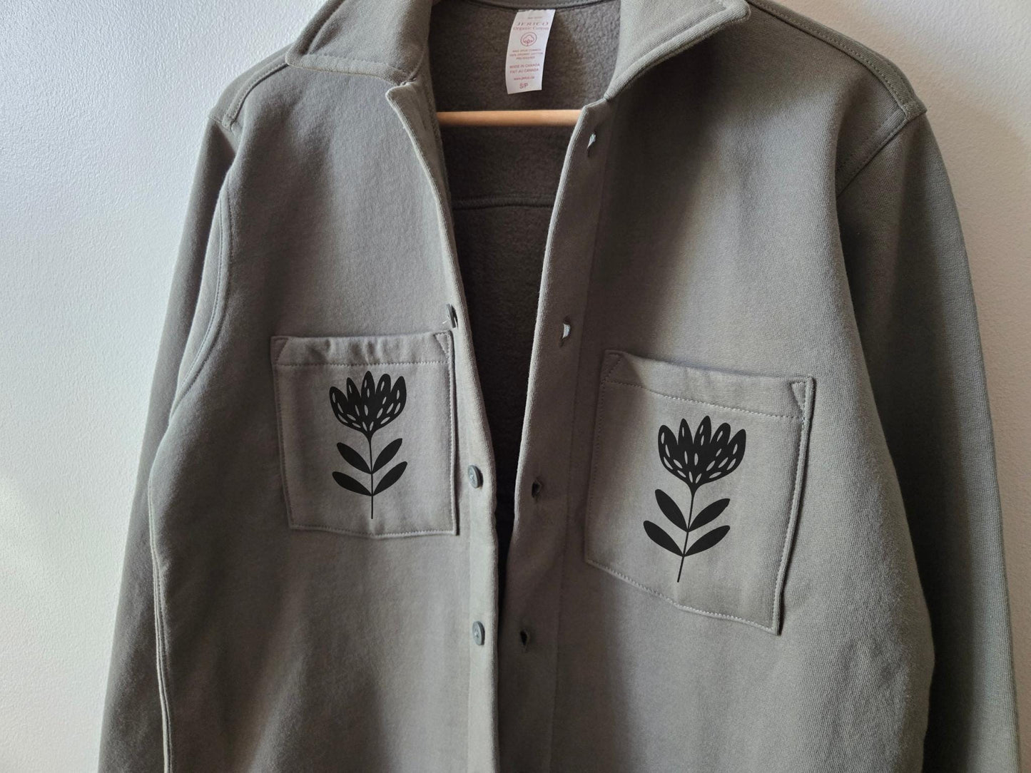 Organic fleece overshirt, fall shacket, unisex sage shirt jacket, button closure and block print pocket design, ethical fall fashion