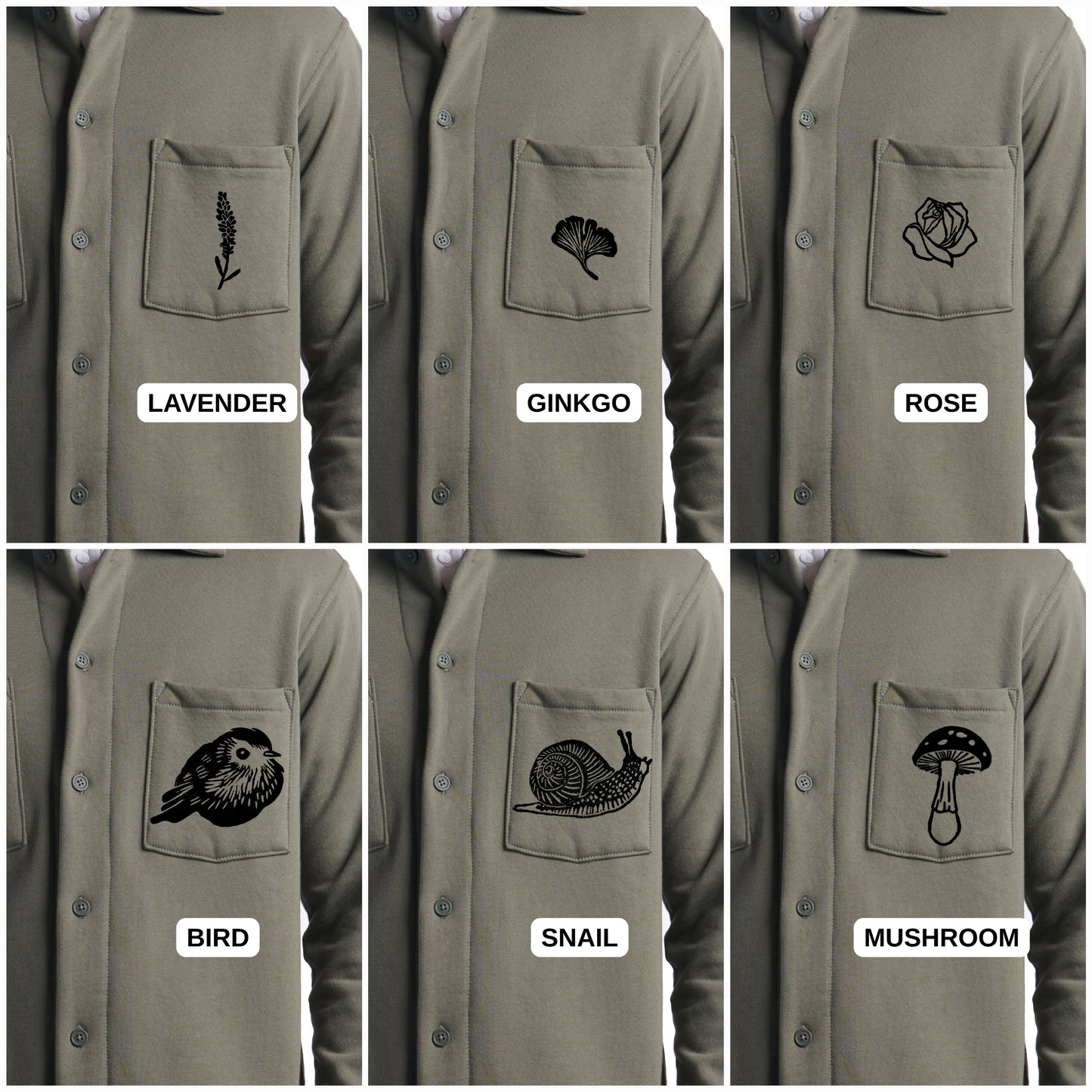 Organic fleece overshirt, fall shacket, unisex sage shirt jacket, button closure and block print pocket design, ethical fall fashion