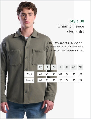 Organic fleece overshirt, fall shacket, unisex sage shirt jacket, button closure and block print pocket design, ethical fall fashion