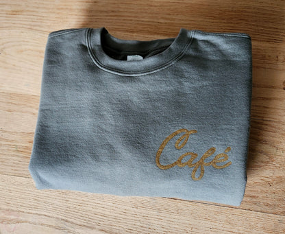 Café sweatshirt, unisex organic cotton crewneck, gold calligraphy block print, ethical fall fashion