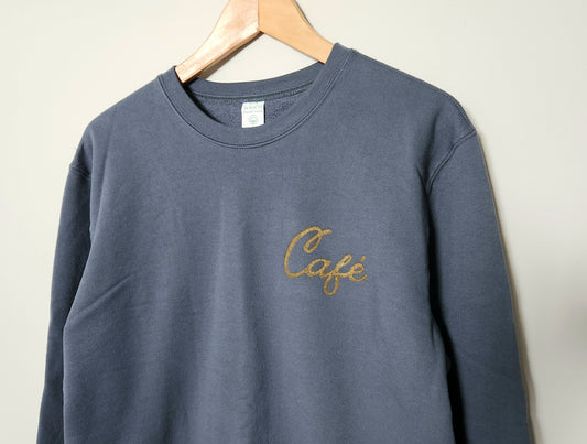 Café sweatshirt, unisex organic cotton crewneck, gold calligraphy block print, ethical fall fashion