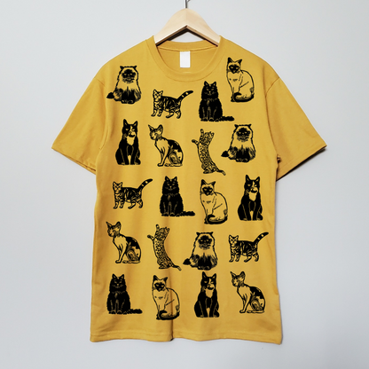 T-shirt imprimé chat, t-shirt de race de chat imprimé à la main, cadeau amoureux des chats, himalayen, tabby, sphynx, bengal, siamois, mode éthique