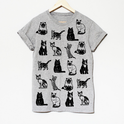 T-shirt imprimé chat, t-shirt de race de chat imprimé à la main, cadeau amoureux des chats, himalayen, tabby, sphynx, bengal, siamois, mode éthique