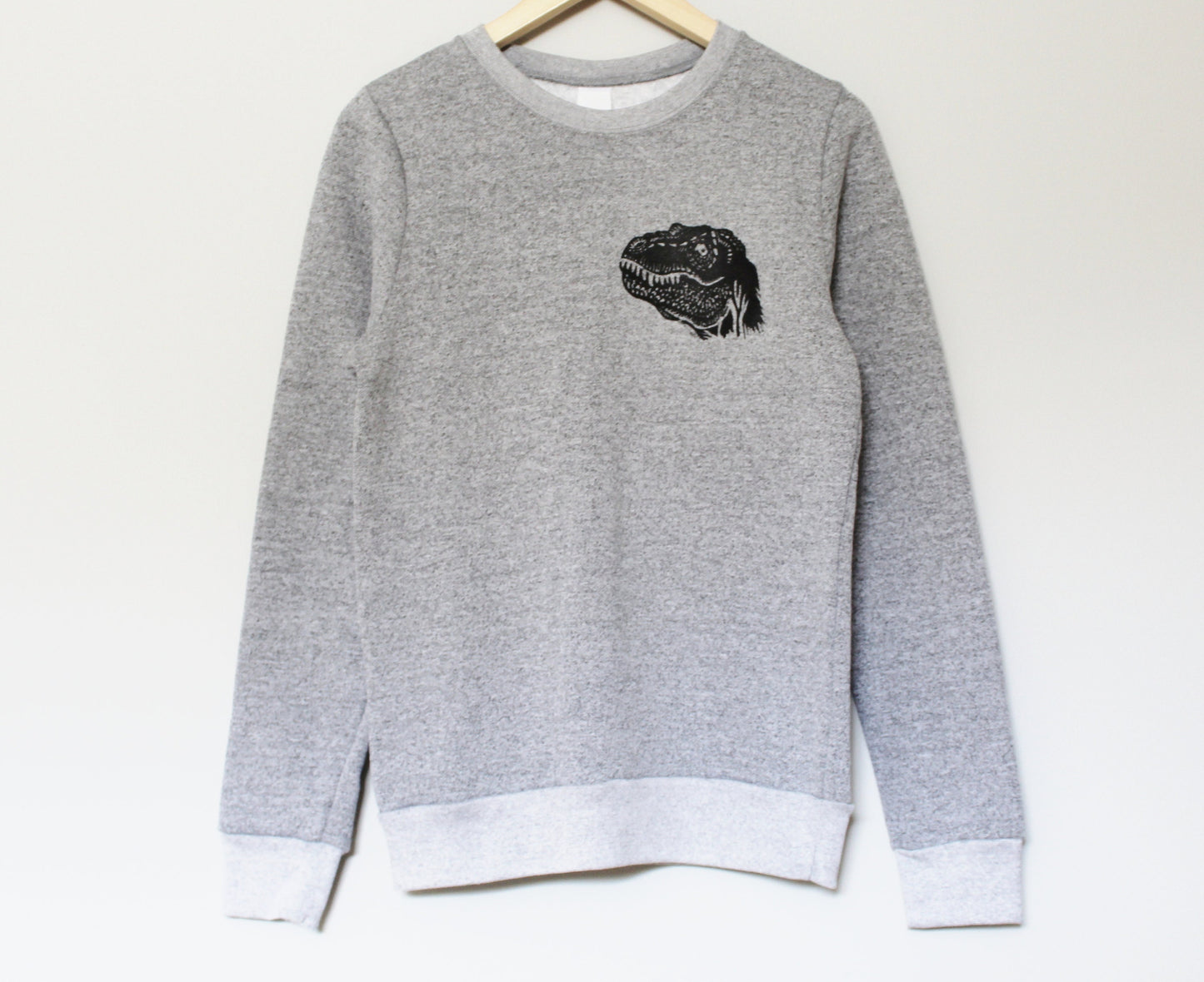 Dinosaur sweatshirt, t-rex unisex crewneck, tyrannosaurus rex hand printed design, marled gray soft sweater, unique ethical loungewear