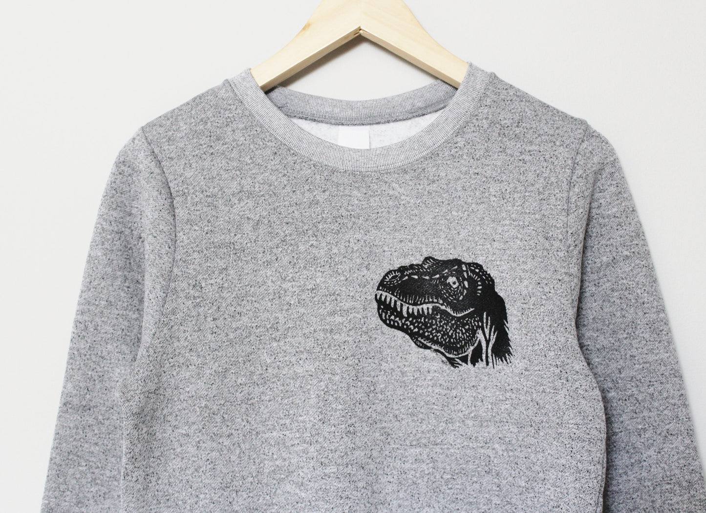 Dinosaur sweatshirt, t-rex unisex crewneck, tyrannosaurus rex hand printed design, marled gray soft sweater, unique ethical loungewear