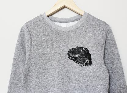 Sweat-shirt dinosaure, col d’équipage unisexe t-rex, design imprimé à la main tyrannosaure rex, pull doux gris chiné, vêtements de détente éthiques uniques