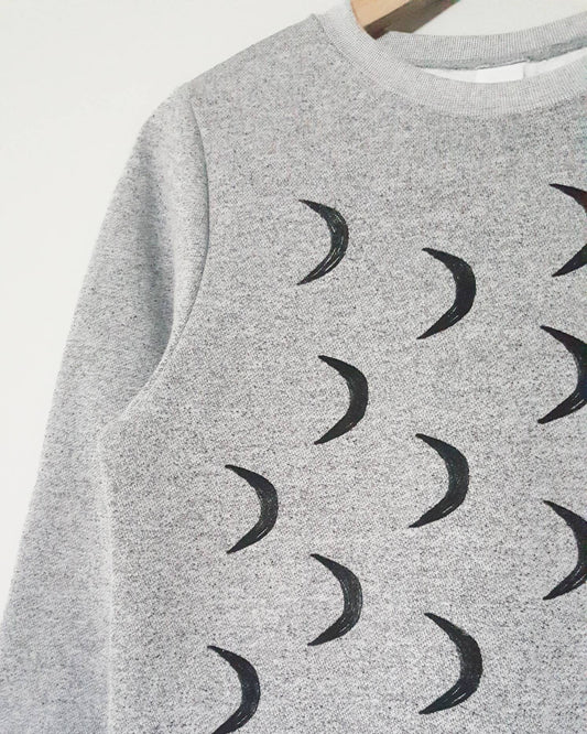 Crescent moon sweatshirt, moon phases unisex crewneck, hand stamped minimalist half moon design, monochrome print gray sweater fleece jumper