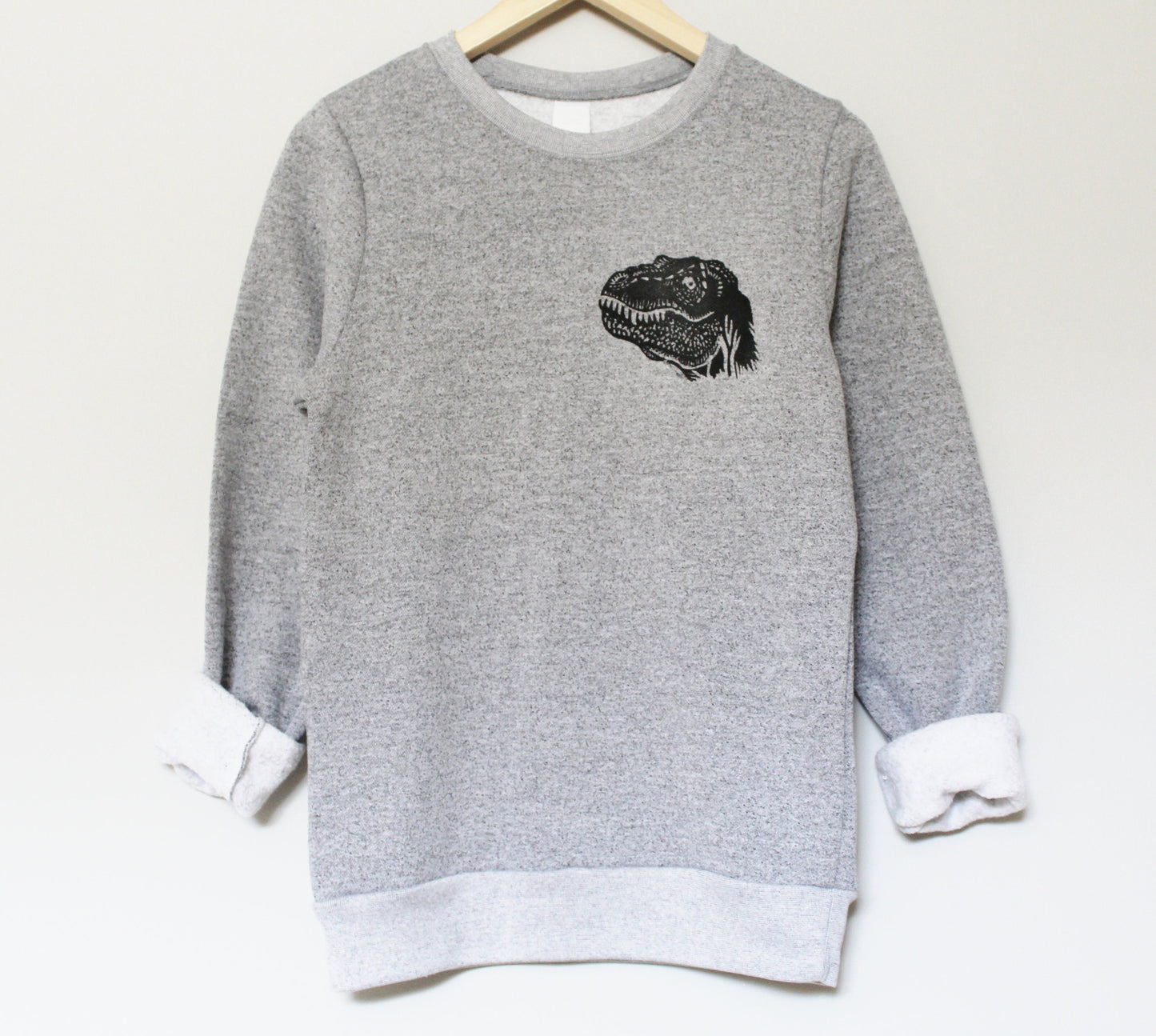 Dinosaur sweatshirt, t-rex unisex crewneck, tyrannosaurus rex hand printed design, marled gray soft sweater, unique ethical loungewear