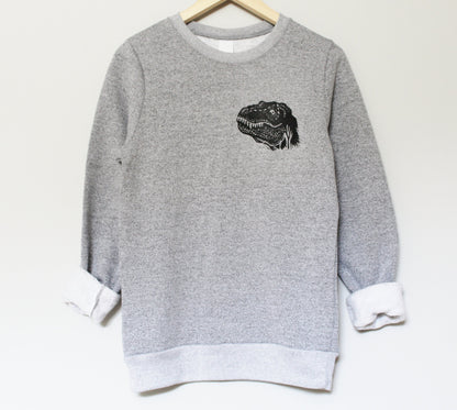 Sweat-shirt dinosaure, col d’équipage unisexe t-rex, design imprimé à la main tyrannosaure rex, pull doux gris chiné, vêtements de détente éthiques uniques
