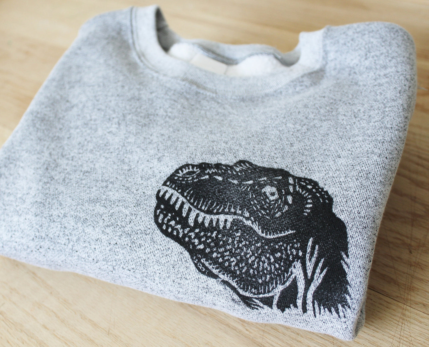 Dinosaur sweatshirt, t-rex unisex crewneck, tyrannosaurus rex hand printed design, marled gray soft sweater, unique ethical loungewear