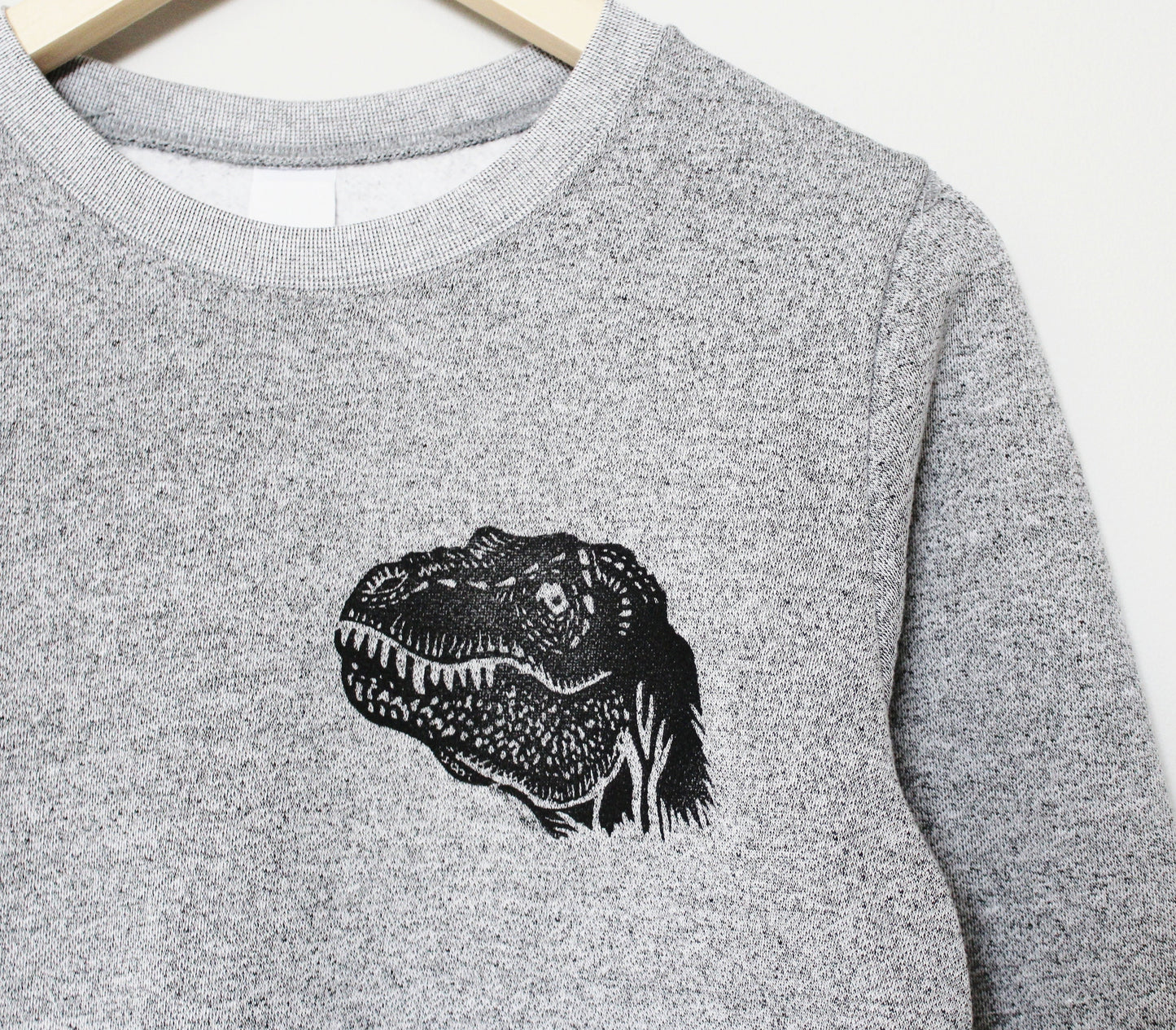 Dinosaur sweatshirt, t-rex unisex crewneck, tyrannosaurus rex hand printed design, marled gray soft sweater, unique ethical loungewear