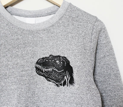 Sweat-shirt dinosaure, col d’équipage unisexe t-rex, design imprimé à la main tyrannosaure rex, pull doux gris chiné, vêtements de détente éthiques uniques