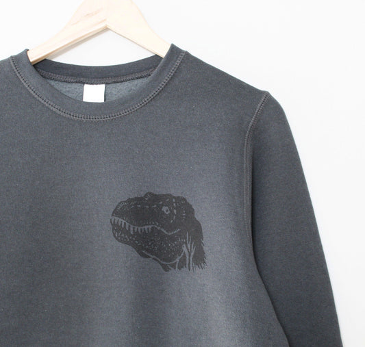 Dinosaur bamboo unisex sweatshirt, t-rex block print design, charcoal organic fleece crewneck sweater, ethical fashion, soft dino jumper