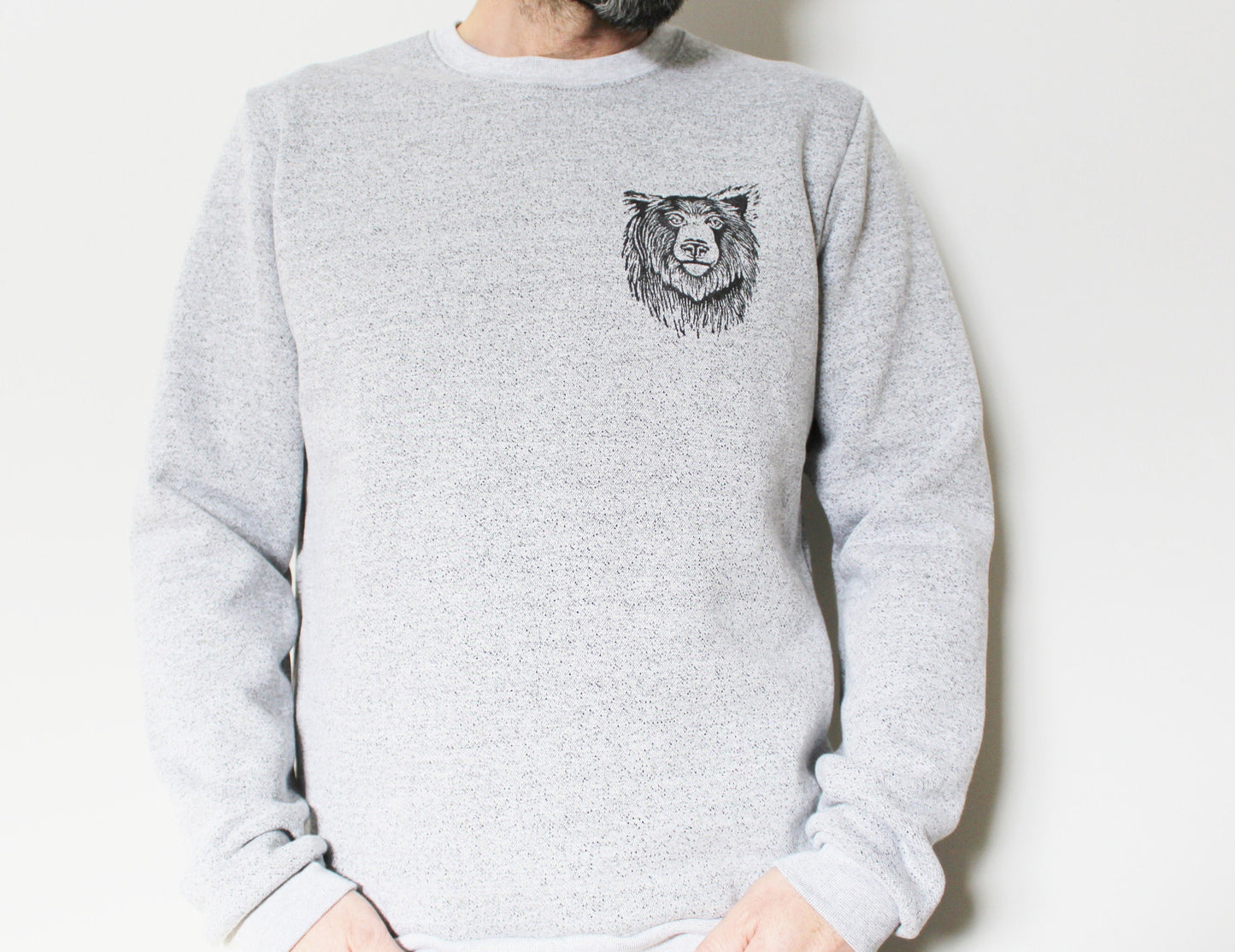 Bear sweatshirt, unisex grizzly bear crewneck, black bear hand printed sweater, hand stamped jumper, ethical clothing, fall fashion