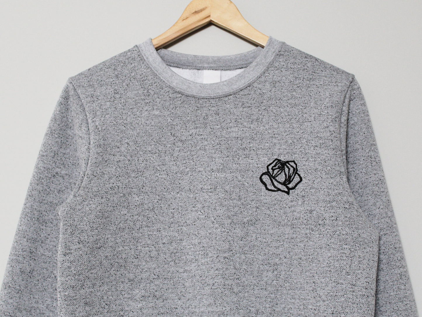 Rose sweatshirt, unisex flower crewneck, hand printed black rose, hand stamped design, ethical fashion, gray black sweater, fleece jumper