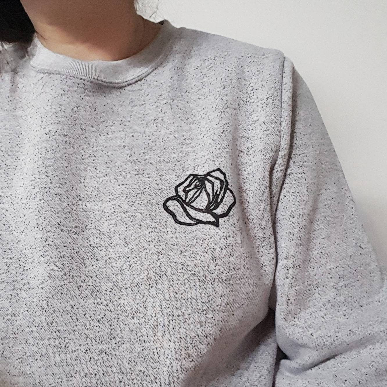 Rose sweatshirt, unisex flower crewneck, hand printed black rose, hand stamped design, ethical fashion, gray black sweater, fleece jumper