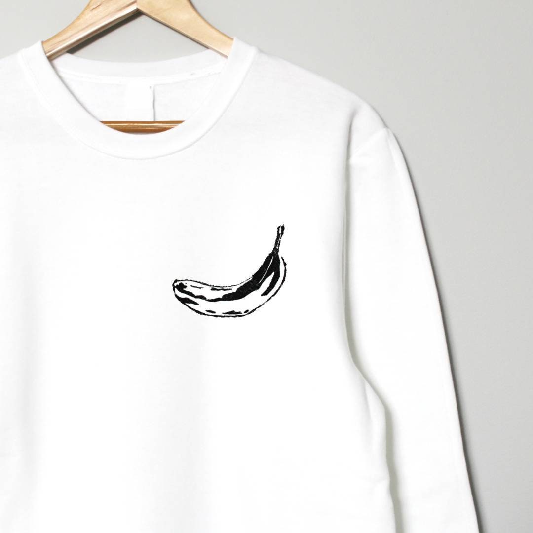 Banana sweatshirt, hand printed crewneck, unisex style pullover, minimalist fruit print, white fleece jumper, lino print, ethical fashion