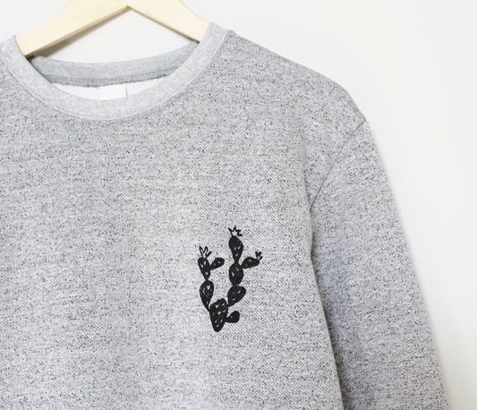 Cactus sweatshirt, unisex succulent crewneck, plant hand printed clothing, hand stamped design, unique gray black sweater fall fleece jumper