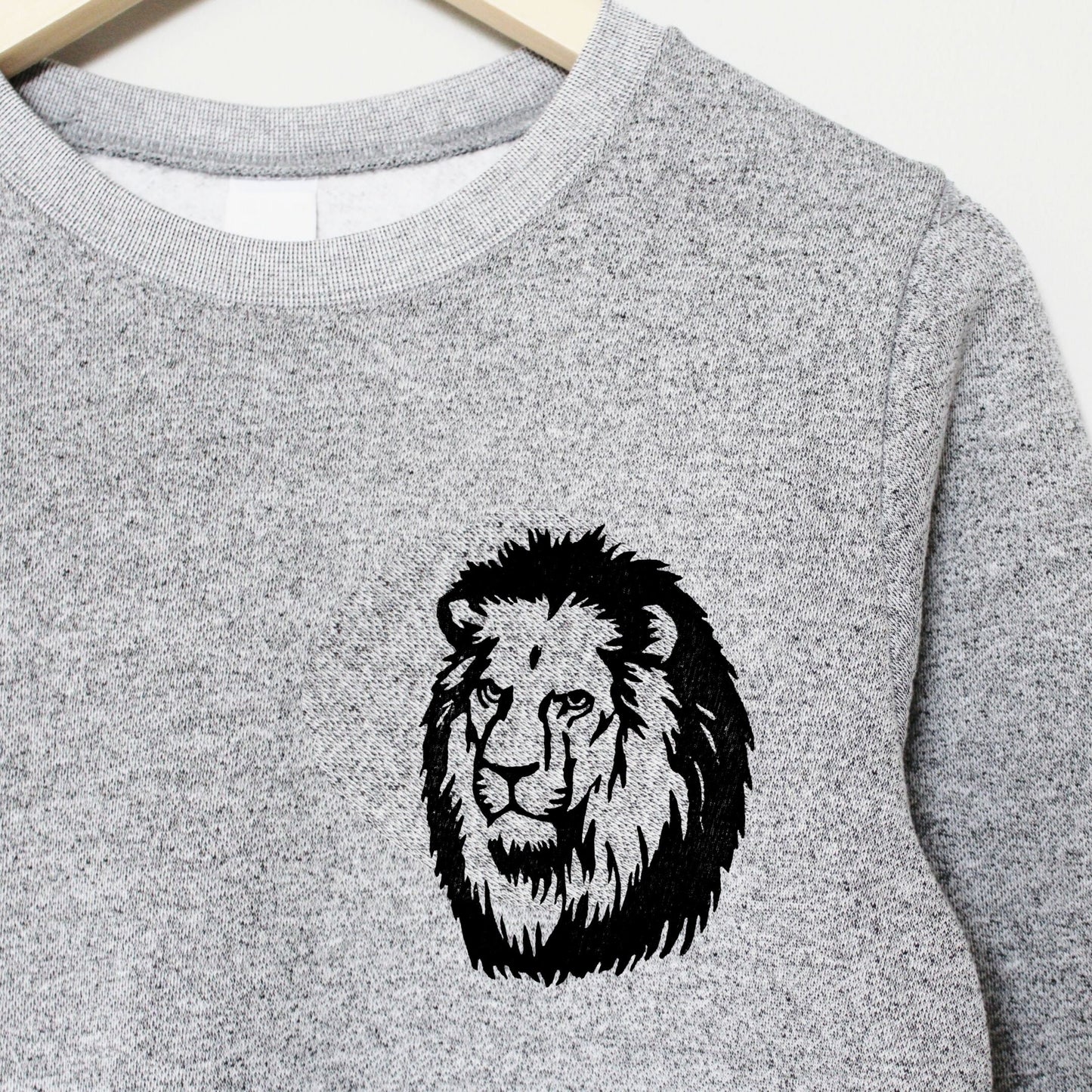 Lion sweatshirt, unisex lion crewneck, black graphic lion, linocut sweater, hand printed sweater, hand stamped gray jumper, ethical clothing