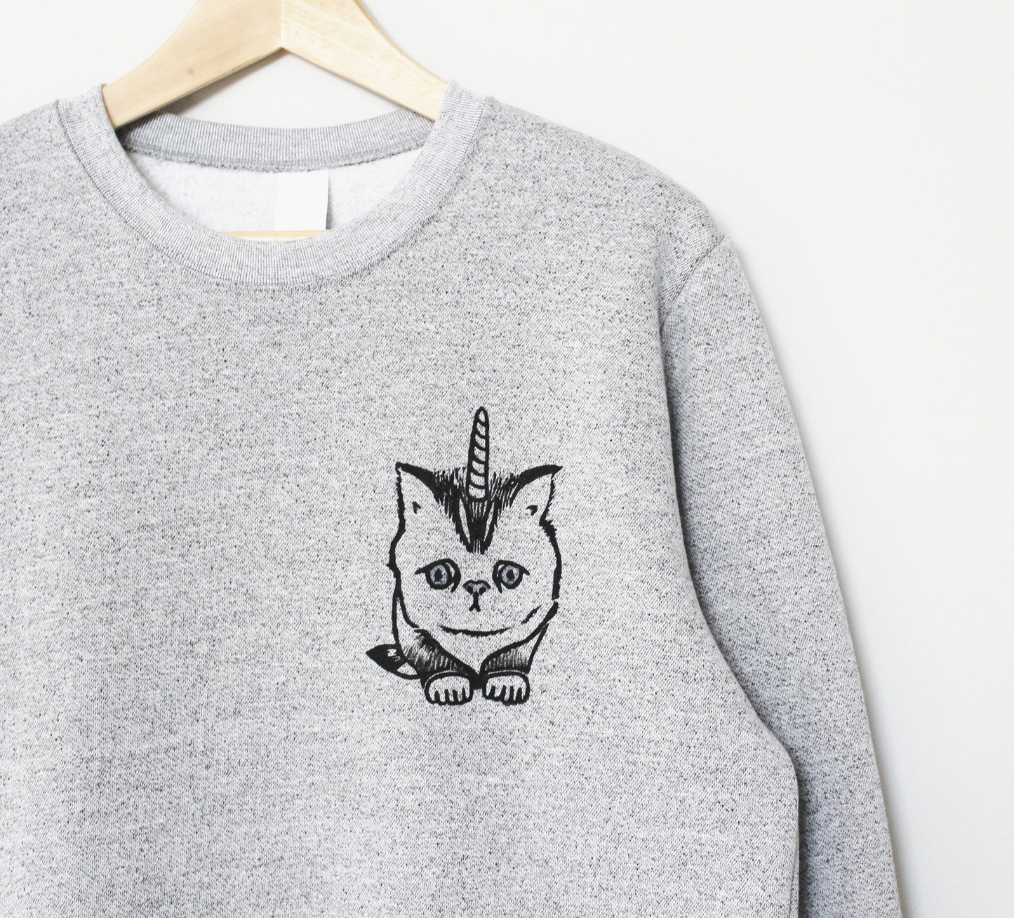 Caticorn sweatshirt, unisex cat unicorn crewneck, unicat linoprint sweater, hand printed clothing, hand stamped gray sweater, fleece jumper