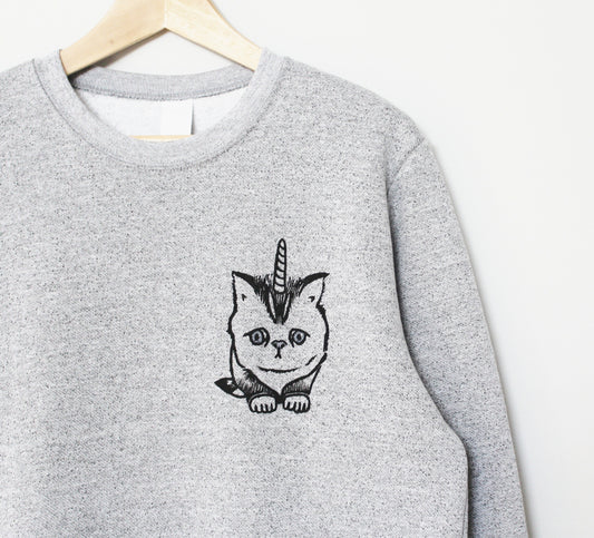 Caticorn sweatshirt, unisex cat unicorn crewneck, unicat linoprint sweater, hand printed clothing, hand stamped gray sweater, fleece jumper