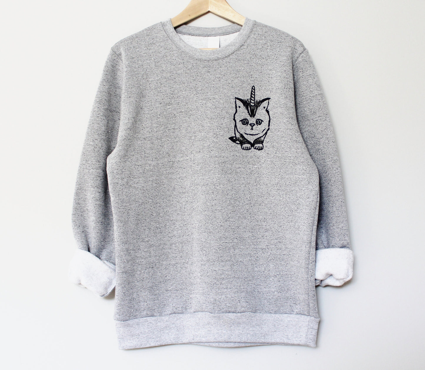 Caticorn sweatshirt, unisex cat unicorn crewneck, unicat linoprint sweater, hand printed clothing, hand stamped gray sweater, fleece jumper