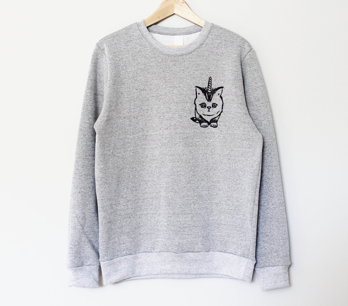 Caticorn sweatshirt, unisex cat unicorn crewneck, unicat linoprint sweater, hand printed clothing, hand stamped gray sweater, fleece jumper