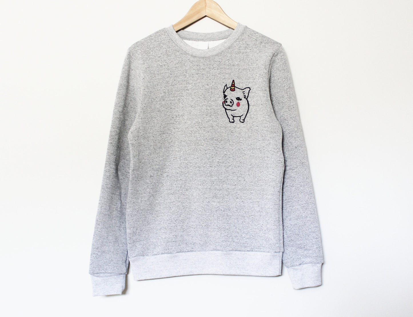 Pigicorn sweatshirt, unisex pig unicorn crewneck, unipig linoprint sweater, hand painted clothing, cute pastel gray sweater, fleece jumper