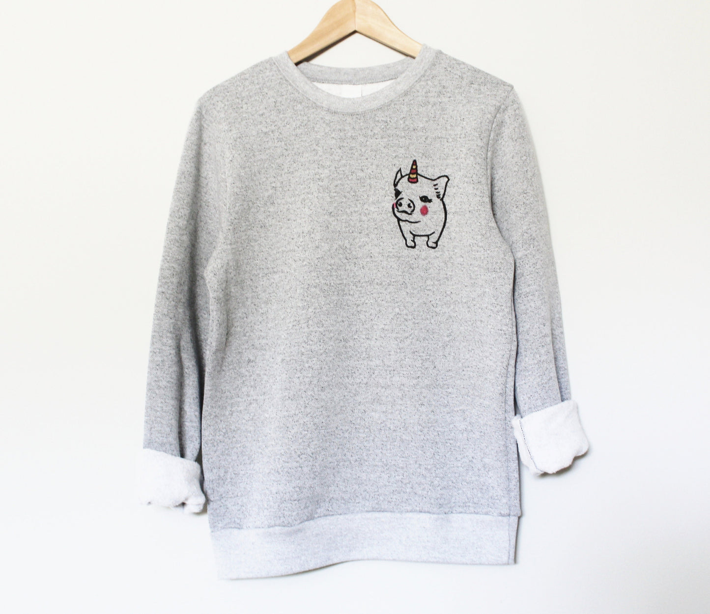 Pigicorn sweatshirt, unisex pig unicorn crewneck, unipig linoprint sweater, hand painted clothing, cute pastel gray sweater, fleece jumper