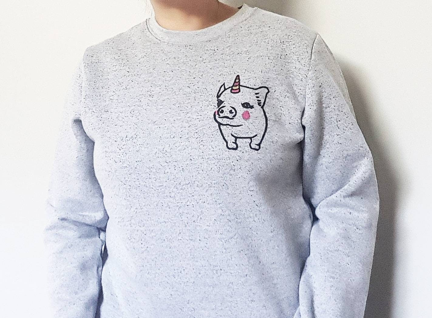 Pigicorn sweatshirt, unisex pig unicorn crewneck, unipig linoprint sweater, hand painted clothing, cute pastel gray sweater, fleece jumper