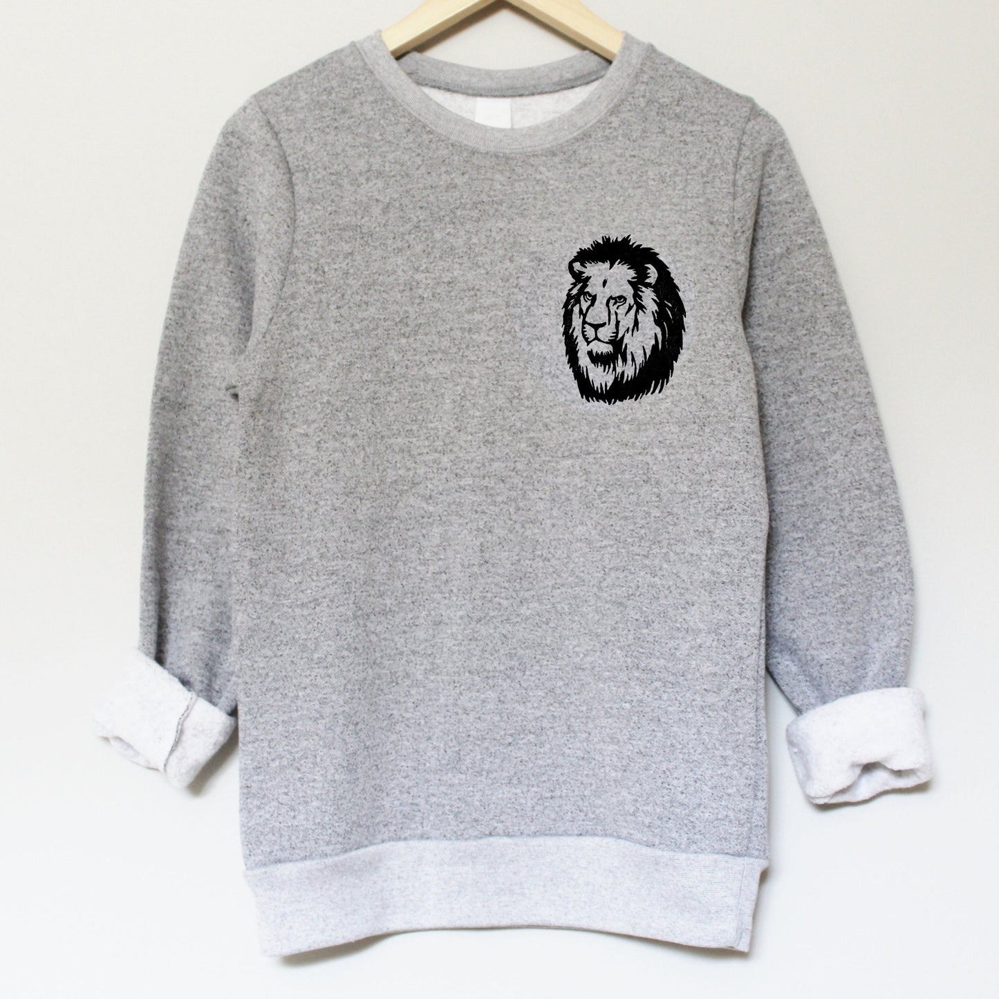 Lion sweatshirt, unisex lion crewneck, black graphic lion, linocut sweater, hand printed sweater, hand stamped gray jumper, ethical clothing