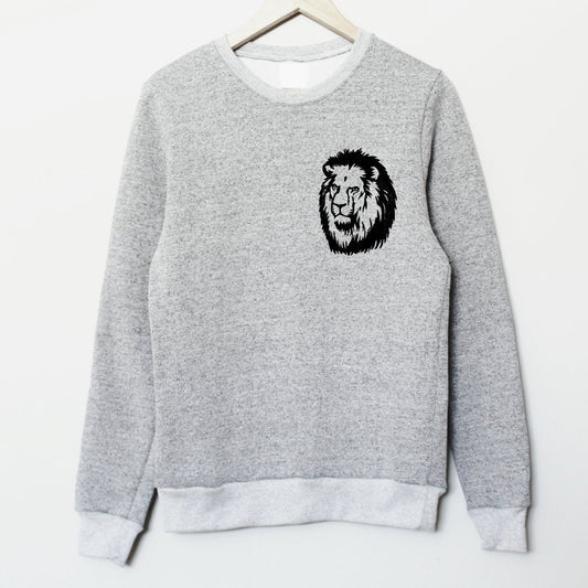 Lion sweatshirt, unisex lion crewneck, black graphic lion, linocut sweater, hand printed sweater, hand stamped gray jumper, ethical clothing