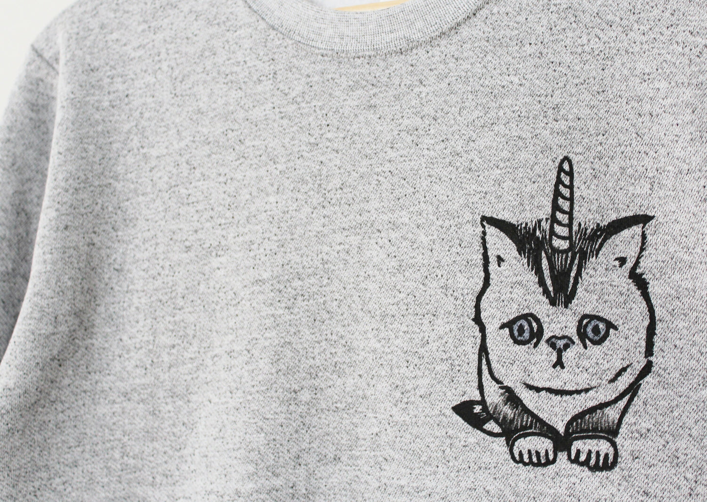 Caticorn sweatshirt, unisex cat unicorn crewneck, unicat linoprint sweater, hand printed clothing, hand stamped gray sweater, fleece jumper