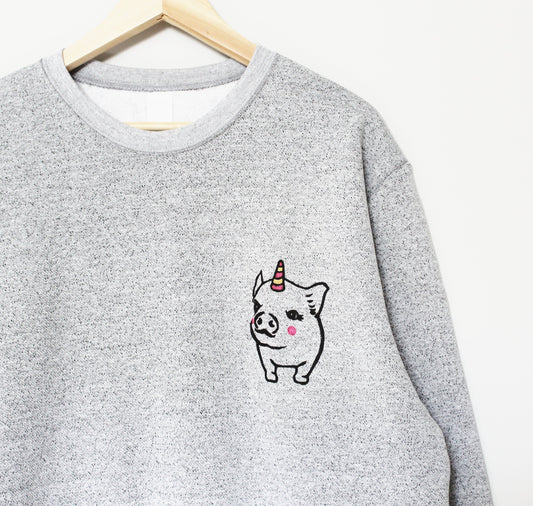 Pigicorn sweatshirt, unisex pig unicorn crewneck, unipig linoprint sweater, hand painted clothing, cute pastel gray sweater, fleece jumper