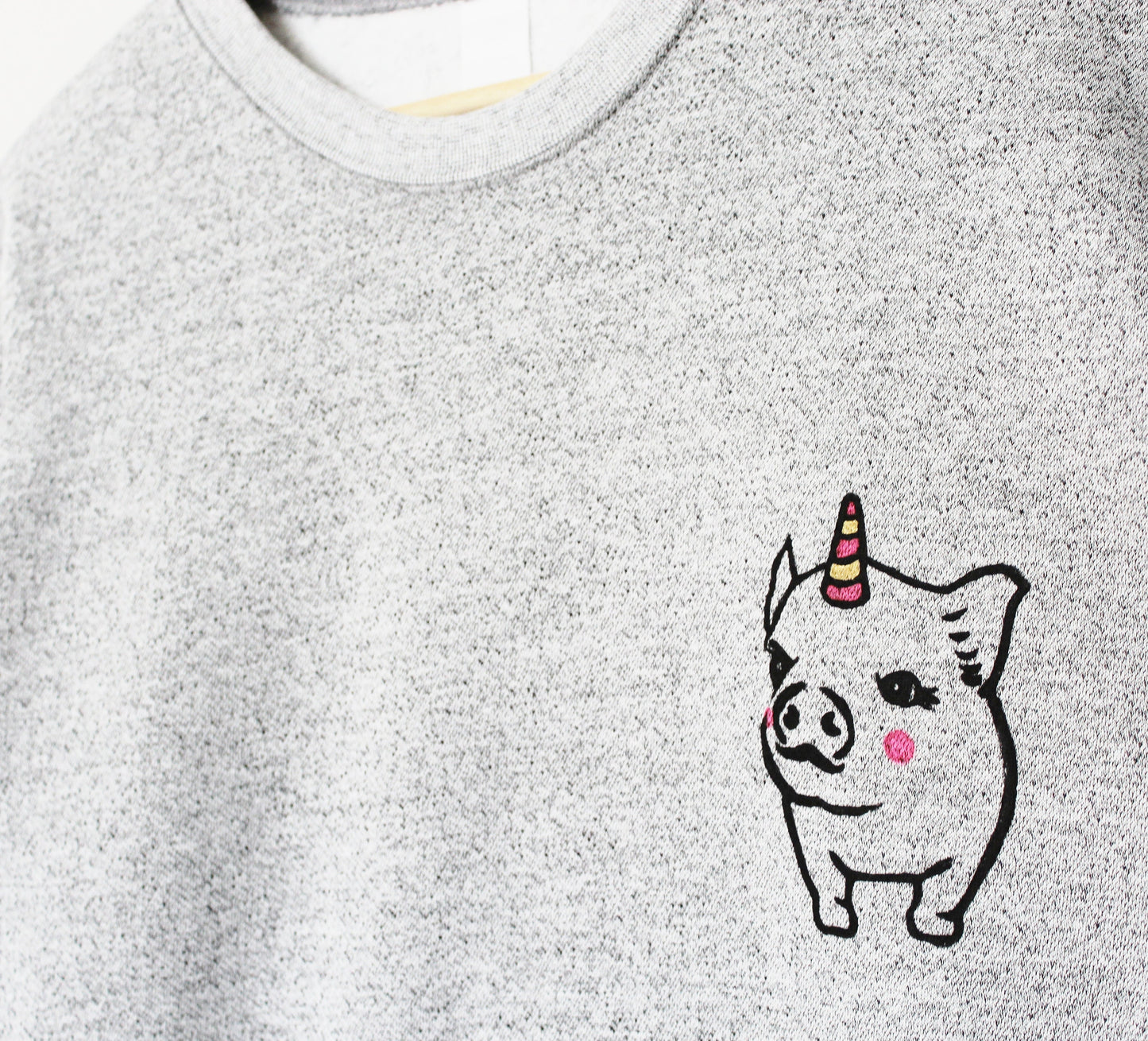 Pigicorn sweatshirt, unisex pig unicorn crewneck, unipig linoprint sweater, hand painted clothing, cute pastel gray sweater, fleece jumper