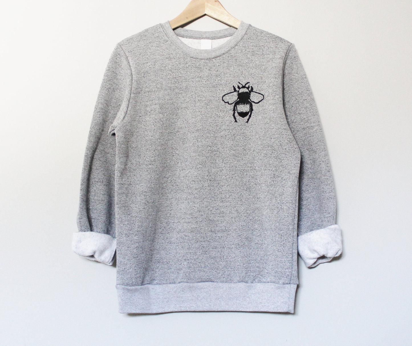 Bee sweatshirt, unisex bumble bee crewneck, black honey bee linoprint, minimalist insect design, hand block print sweater grey fleece jumper