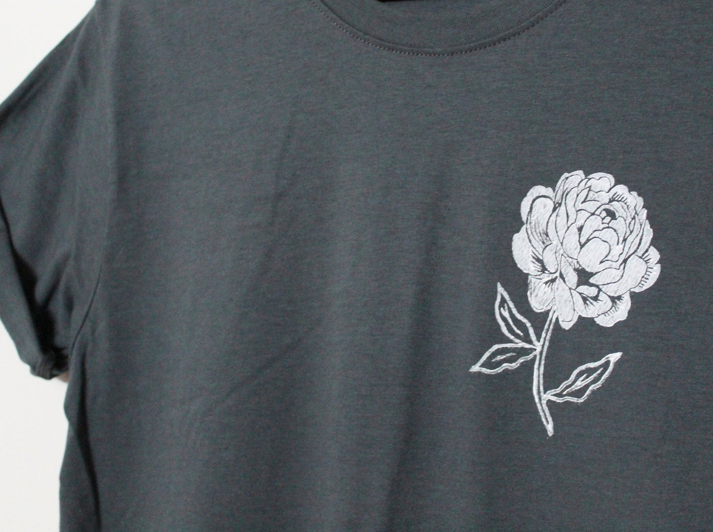 Peony t-shirt, UNISEX floral print tshirt, hand printed vintage white flower, botanical charcoal tee, hand stamped block print, lino design