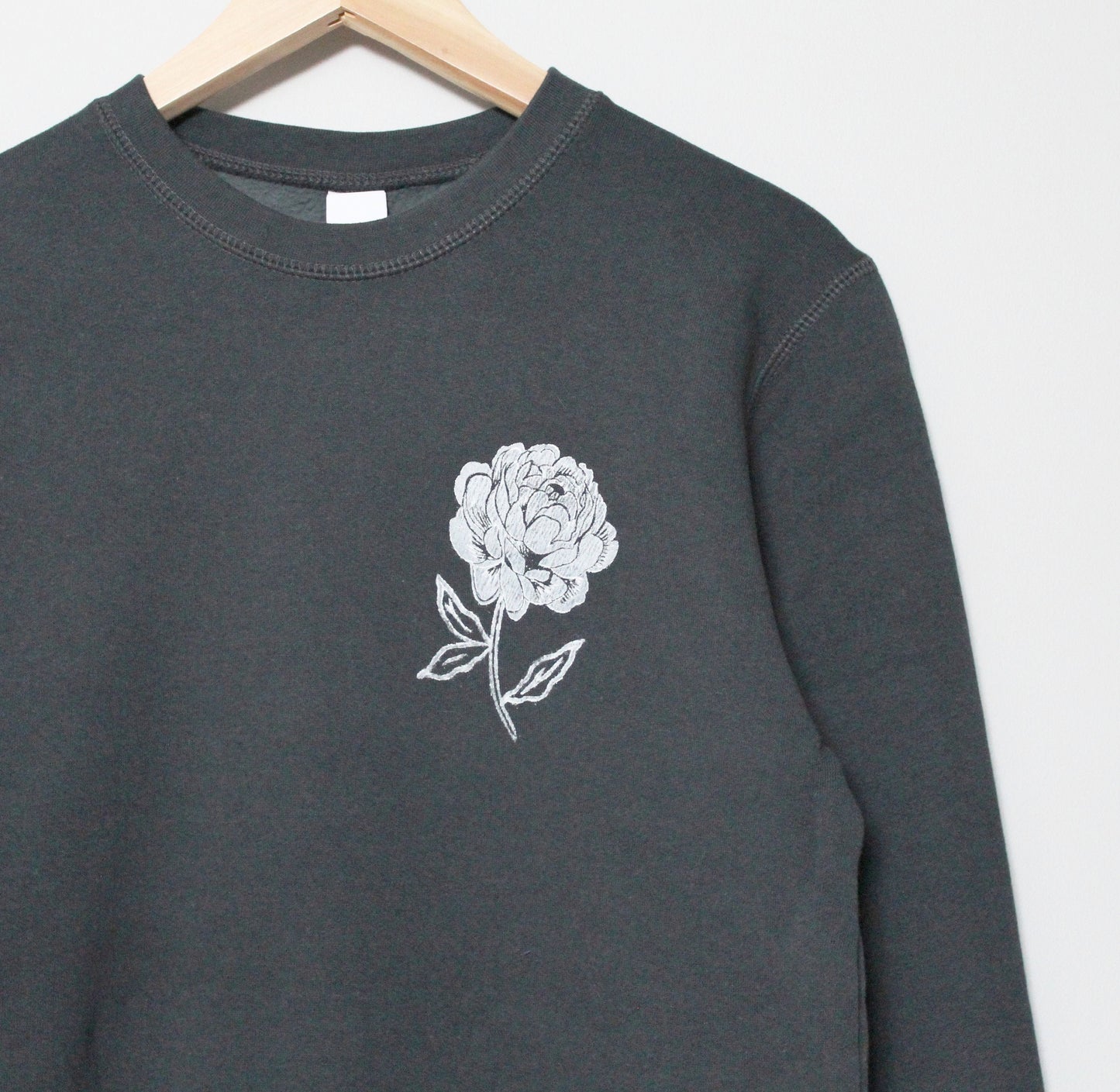 Peony sweatshirt, bamboo UNISEX crewneck, floral botanical vintage white flower, charcoal organic sweater, hand stamped, ethical jumper