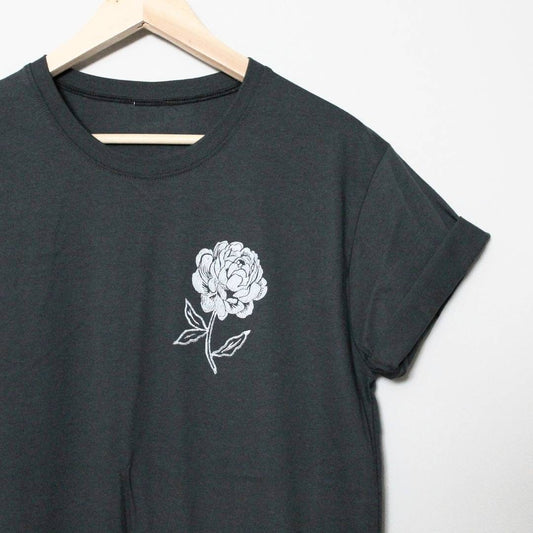 Peony t-shirt, UNISEX floral print tshirt, hand printed vintage white flower, botanical charcoal tee, hand stamped block print, lino design