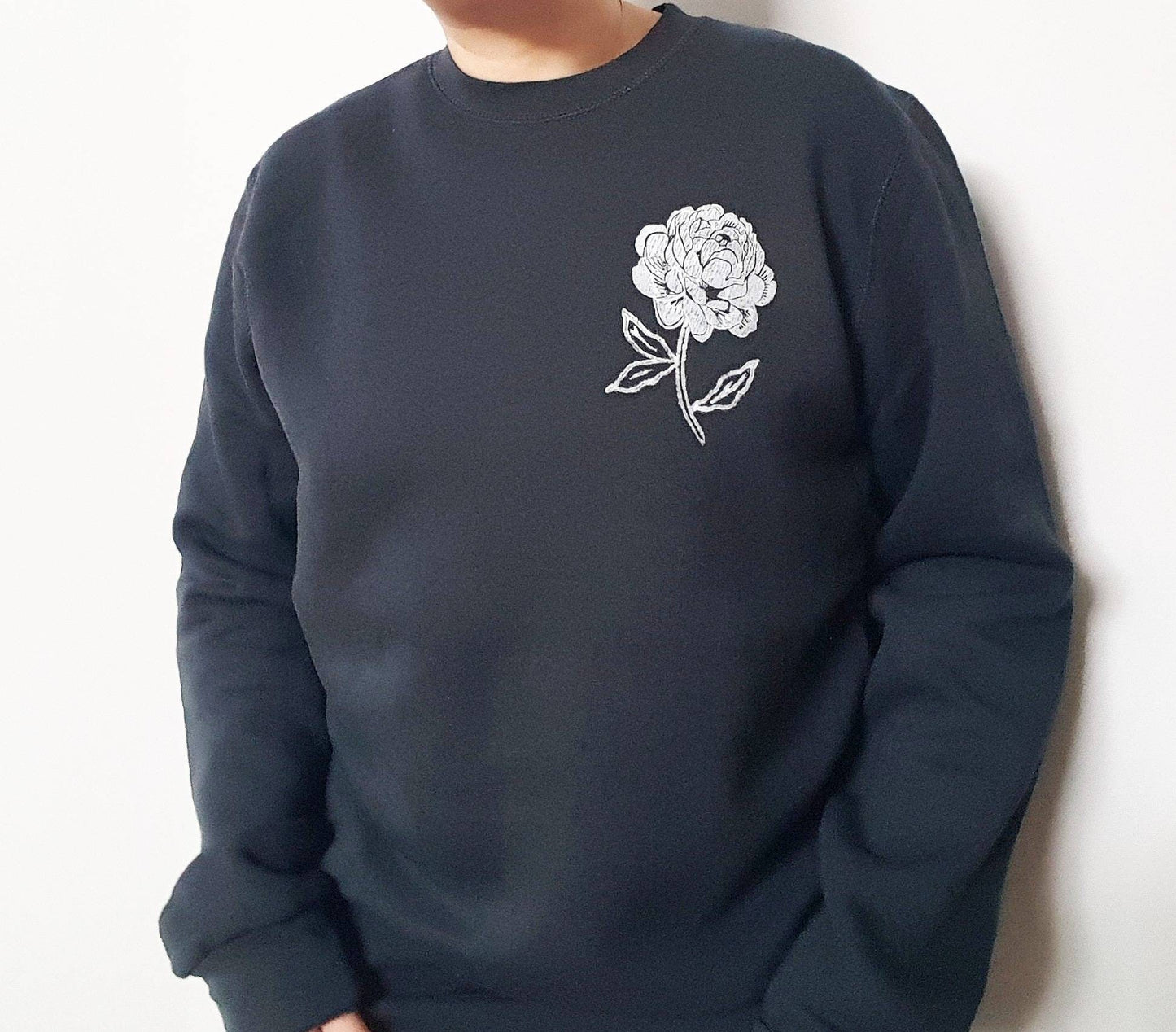 Peony sweatshirt, bamboo UNISEX crewneck, floral botanical vintage white flower, charcoal organic sweater, hand stamped, ethical jumper