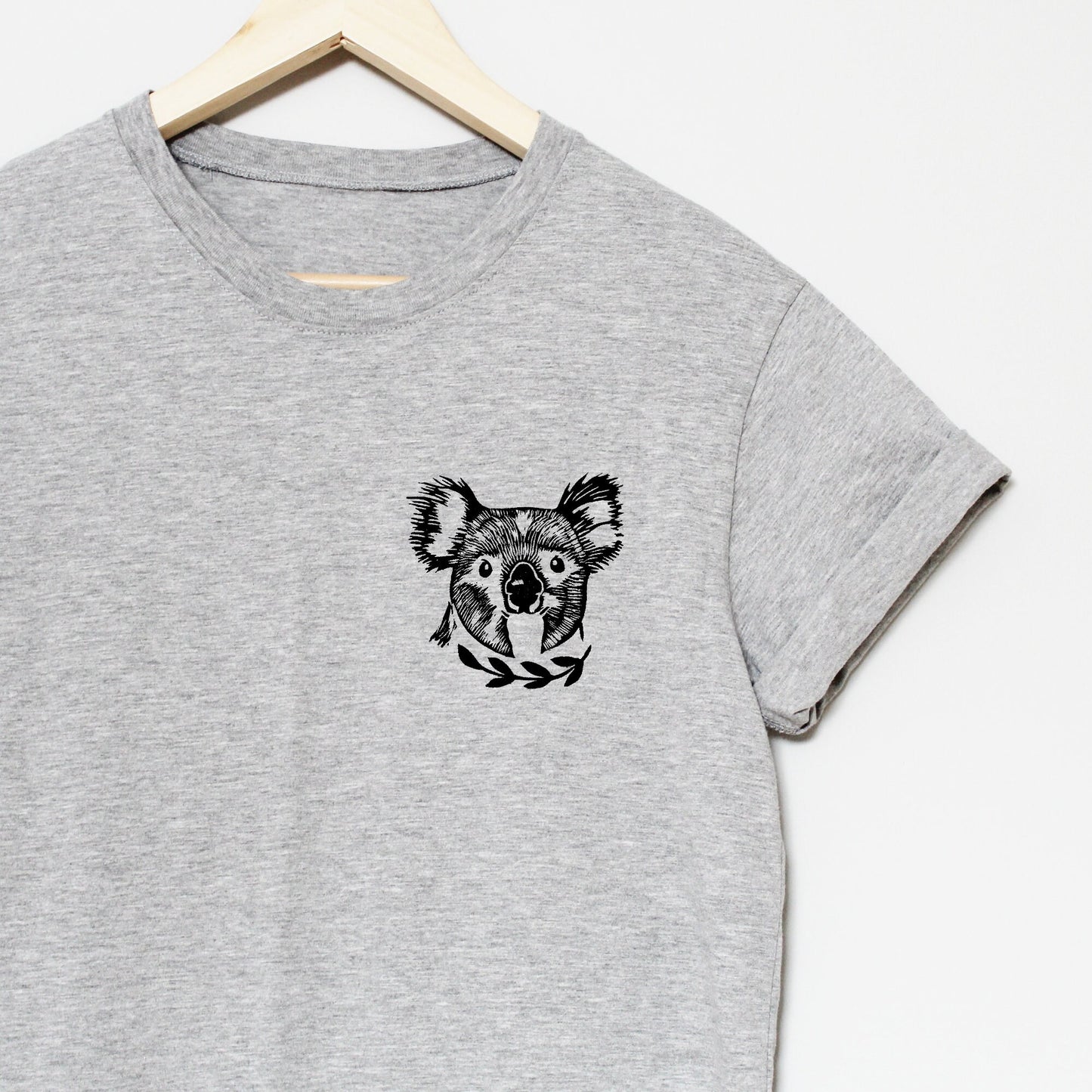 Koala t-shirt, UNISEX koala bear tshirt, hand printed animal illustration, grey charcoal white tee, hand stamped block print, lino design