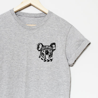 T-shirt koala, t-shirt unisexe ours koala, illustration animale imprimée à la main, tee-shirt blanc gris anthracite, impression en bloc estampillée à la main, design lino
