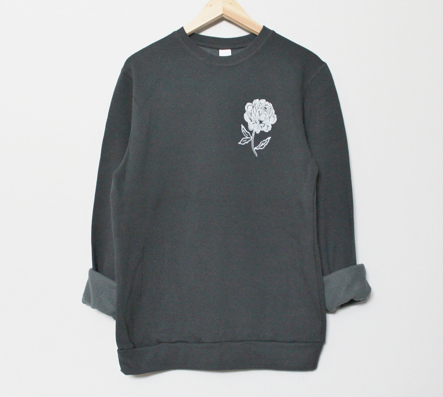 Peony sweatshirt, bamboo UNISEX crewneck, floral botanical vintage white flower, charcoal organic sweater, hand stamped, ethical jumper