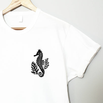 T-shirt hippocampe, t-shirt UNISEXE amoureux de la mer, illustration d’hippocampe imprimée à la main, tee-shirt d’été de plage, impression en bloc estampillée à la main, design lino